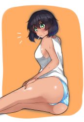 Rule 34 | 1girl, absurdres, ass, blue panties, bob cut, breasts, brown hair, commentary, dark-skinned female, dark skin, from behind, girls und panzer, green eyes, hand on own thigh, highres, hoshino (girls und panzer), kshimu, looking at viewer, looking back, lying, medium breasts, mouth hold, notice lines, on side, orange background, panties, popsicle stick, rounded corners, shirt, short hair, solo, striped clothes, striped panties, sweat, tank top, underwear, underwear only, white shirt