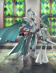 Rule 34 | 1other, armor, black footwear, cape, creatures (company), dual wielding, gallade, game freak, gauntlets, gen 4 pokemon, green cape, helmet, highres, holding, holding sword, holding weapon, indoors, knight, nintendo, pokemon, pokemon (creature), red eyes, ryairyai, sheath, sheathed, stained glass, standing, sword, weapon