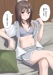 Rule 34 | 1girl, bra, brown eyes, brown hair, commentary, crossed legs, dolphin shorts, highres, indoors, kiona (giraffe kiona), long hair, navel, open clothes, open shirt, original, shorts, sitting, solo, translated, underwear