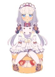 Rule 34 | 1girl, :o, absurdres, anyadesu yo, apron, black dress, blue eyes, bow, bowtie, brown footwear, commentary request, dress, frilled apron, frills, full body, grey hair, hair bobbles, hair ornament, highres, kanna kamui, knees together feet apart, kobayashi-san chi no maidragon, long hair, low twintails, maid apron, maid headdress, pantyhose, parted lips, puffy short sleeves, puffy sleeves, red bow, red bowtie, scrunchie, shoes, short sleeves, simple background, sitting, solo, twintails, very long hair, white apron, white background, white pantyhose, wrist scrunchie