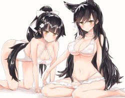 Rule 34 | 2girls, all fours, animal ears, atago (azur lane), atago (summer march) (azur lane), atago (summer march) (azur lane), azur lane, bikini, black hair, blush, bow, breasts, brown eyes, casual one-piece swimsuit, choker, full body, hair bow, hair flaps, highres, large breasts, long hair, looking at viewer, mole, mole under eye, multiple girls, o h miona, one-piece swimsuit, ponytail, sarong, simple background, swimsuit, takao (azur lane), takao (beach rhapsody) (azur lane), white background, white bikini, white bow, white neckwear, white one-piece swimsuit, wolf ears