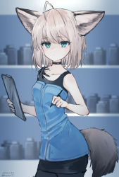 Rule 34 | 1girl, ahoge, animal ears, arknights, bare arms, bare shoulders, black choker, black pantyhose, black skirt, blue eyes, blue tank top, blurry, blurry background, bottle, choker, clipboard, closed mouth, collarbone, commentary request, dated, depth of field, fox ears, fox girl, fox tail, grey hair, highres, holding, holding pencil, looking at viewer, material growth, miyopiwi, oripathy lesion (arknights), pantyhose, pencil, skirt, solo, sussurro (arknights), tail, tank top, twitter username
