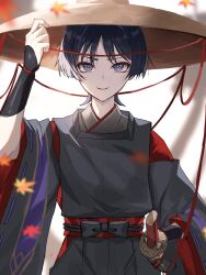 1boy arm_at_side armor black_bow black_hair black_pants black_rope black_sleeves blunt_ends bow bright_pupils brown_hat clothing_cutout eyeliner eyeshadow genshin_impact grey_kimono han&#039;eri hand_on_headwear hand_on_own_hip hand_up hat highres hip_vent holding holding_hat holding_unworn_clothes ichimegasa japanese_armor japanese_clothes kariginu katana kimono kote kuronushi_(genshin_impact) layered_kimono layered_sleeves leaf looking_at_viewer makeup male_focus maple_leaf pants parted_lips purple_eyes red_eyeliner red_eyeshadow red_kimono red_sash red_sleeves ribbon-trimmed_sleeves ribbon_trim rope sash scaramouche_(genshin_impact) sheath sheathed shoulder_cutout smile snow20200 solo straight-on sword three-quarter_sleeves weapon white_mouth white_pupils wide_sleeves