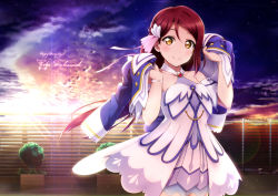 Rule 34 | 1girl, birthday, brightest melody, character name, check commentary, collarbone, commentary, commentary request, dress, dusk, earrings, english text, hair between eyes, happy birthday, jacket, jewelry, long hair, looking at viewer, love live!, love live! school idol festival, love live! sunshine!!, outdoors, parted bangs, plant, red hair, sakurauchi riko, shiimai, solo, standing, sunset, yellow eyes