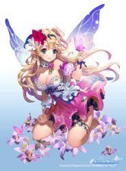 Rule 34 | 1girl, arm garter, bare shoulders, barefoot, breasts, bug, butterfly, cleavage, copyright name, dress, fairy wings, flower, hair flower, hair ornament, bug, iris (soccer spirits), kneeling, large breasts, official art, parted lips, pointy ears, soccer spirits, solo, tob, wings