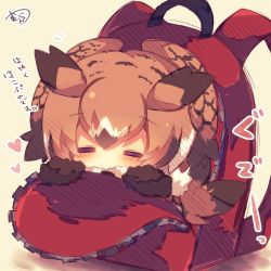 Rule 34 | 10s, 1girl, = =, backpack, bag, bird tail, black hair, blush, brown hair, chibi, closed eyes, eurasian eagle owl (kemono friends), facing viewer, fur-trimmed sleeves, fur collar, fur trim, head wings, heart, in bag, in container, kemono friends, multicolored hair, muuran, signature, solo, tail, translation request, white hair, wings