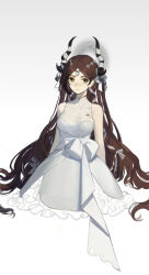 Rule 34 | 1girl, absurdres, alternate costume, arknights, bare shoulders, bell, breasts, brown hair, circlet, closed mouth, covered collarbone, dress, five-fall, grey dress, halo, highres, horns, jie yun (arknights), jingle bell, long hair, simple background, sleeveless, sleeveless dress, small breasts, solo, very long hair, wedding dress, white background, yellow eyes