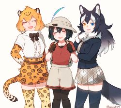 Rule 34 | 10s, 3girls, ^ ^, animal ears, backpack, bag, black hair, blonde hair, blue eyes, blue thighhighs, bow, bowtie, bucket hat, center frills, closed eyes, elbow gloves, closed eyes, fang, feathers, frills, fur collar, gloves, gradient hair, grey wolf (kemono friends), hand on own face, hat, heterochromia, holding strap, jaguar (kemono friends), jaguar ears, jaguar print, jaguar tail, kaban (kemono friends), kemono friends, long hair, multicolored hair, multiple girls, necktie, open mouth, pantyhose, pleated skirt, seto (harunadragon), shirt, short hair, shorts, signature, skirt, sleeve cuffs, smile, sweatdrop, t-shirt, tail, thighhighs, white hair, wolf ears, wolf tail, yellow eyes, zettai ryouiki