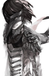 Rule 34 | 1boy, akechi gorou, bird mask, blazpu, capelet, epaulettes, greyscale, highres, looking at viewer, male focus, mask, monochrome, persona, persona 5, short hair, simple background, smile, solo, upper body, white background