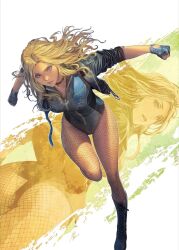 Rule 34 | 1girl, ass, black canary, blonde hair, blue eyes, boots, breasts, choker, clenched hands, cropped jacket, cross-laced footwear, dc comics, fingerless gloves, fishnet pantyhose, fishnets, from behind, gloves, highleg, highleg leotard, highres, homare (fool&#039;s art), jacket, knee boots, lace-up boots, leather, leather jacket, leg up, leotard, lips, long hair, looking at viewer, looking back, medium breasts, multiple views, open clothes, open jacket, pantyhose, simple background