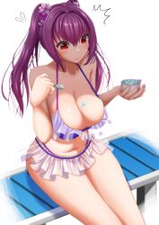 Rule 34 | 1girl, absurdres, bench, bikini, blush, bracelet, breasts, cleavage, fate/grand order, fate (series), flower, flying sweatdrops, food, food on body, food on breasts, frilled bikini, frills, hair flower, hair ornament, highres, holding, holding food, holding ice cream, ice cream, ice cream cup, jewelry, large breasts, looking down, microskirt, navel, off-shoulder bikini, off shoulder, pucci-la-pucci, purple bikini, purple hair, scathach (fate), scathach skadi (swimsuit ruler) (fate), scathach skadi (swimsuit ruler) (first ascension) (fate), skirt, solo, spoon, surprised, swimsuit, twintails