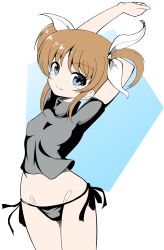 Rule 34 | 1girl, arms behind head, black panties, black shirt, blue eyes, breasts, closed mouth, commentary, cowboy shot, hair ribbon, highres, leaning back, looking at viewer, lyrical nanoha, mahou shoujo lyrical nanoha, midriff, no pants, panties, rebirth42000, ribbon, shirt, short hair, short sleeves, short twintails, side-tie panties, small breasts, smile, solo, standing, stretching, string panties, takamachi nanoha, turtleneck, twintails, underwear, white ribbon