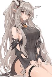 Rule 34 | 1girl, :d, arknights, bare shoulders, black one-piece swimsuit, blush, breasts, bright pupils, brown eyes, casual one-piece swimsuit, covered navel, detached sleeves, grey hair, highres, horns, infection monitor (arknights), jewelry, large breasts, long hair, long sleeves, looking at viewer, necklace, one-piece swimsuit, open mouth, parted lips, pointy ears, ponytail, shining (arknights), shining (silent night) (arknights), shino duka, sideboob, sidelocks, simple background, sitting, smile, solo, swimsuit, thighlet, very long hair, white background