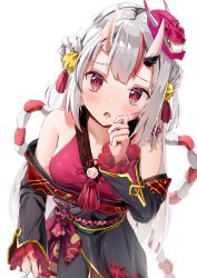 Rule 34 | 1girl, absurdres, bell, black kimono, blush, breasts, double bun, frilled sleeves, frills, gold trim, grey hair, hair bell, hair bun, hair ornament, hand up, highres, hololive, horns, japanese clothes, jingle bell, kimono, kouhaku nawa, long hair, looking at viewer, mask, mask on head, matcha (user yyss8744), medium breasts, multicolored hair, nakiri ayame, nakiri ayame (1st costume), obi, oni, oni mask, open mouth, red eyes, red hair, rope, sash, shimenawa, shirt tug, simple background, skin-covered horns, solo, streaked hair, tassel, two side up, upper body, virtual youtuber, white background