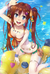 Rule 34 | 1girl, bikini, blue eyes, bracelet, brown hair, dontokoi, flower, hair ornament, hairclip, highres, inflatable toy, jewelry, long hair, lots of jewelry, mole, mole under eye, navel, necklace, original, smile, solo, striped bikini, striped clothes, swimsuit, twintails, very long hair, water
