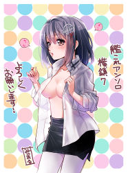 Rule 34 | 10s, 1girl, black hair, blush, breasts, brown hair, haguro (kancolle), hair ornament, kantai collection, large breasts, minimaru, no bra, open clothes, open mouth, open shirt, pantyhose, polka dot, polka dot background, shirt, short hair, skirt, solo, translation request