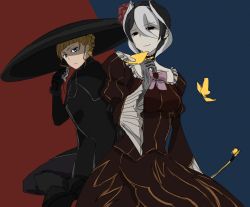 Rule 34 | bad id, bad pixiv id, beatrice (cosplay), beatrice (umineko), black cape, black eyes, black footwear, black gloves, black hair, black pants, blonde hair, blue eyes, boots, brown dress, bug, butterfly, cape, closed mouth, cosplay, costume switch, crossover, dress, empty eyes, gloves, hand up, hat, holding, holding smoking pipe, insect, long sleeves, looking at viewer, looking back, made in abyss, multicolored background, multicolored hair, neck garter, ozen, ozen (cosplay), pale skin, pants, servomotorr, short hair, sitting, smile, smoking pipe, two-tone background, two-tone hair, umineko no naku koro ni, voice actor connection, whistle, white hair, wide sleeves