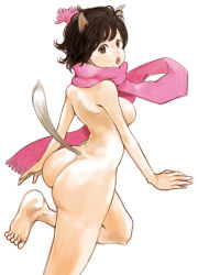 Rule 34 | 1girl, animal ears, arched back, ass, barefoot, breasts, brown eyes, brown hair, kazaana, long scarf, looking back, naked scarf, nude, scarf, short hair, simple background, solo, tail