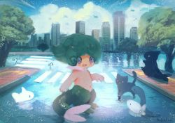 Rule 34 | 1boy, animal, bad id, bad pixiv id, black cat, building, cat, child, cityscape, cloud, commentary request, crosswalk, fantasy, fins, fish, fish tail, flying fish, green hair, male focus, manino (mofuritaionaka), monster boy, navel, night, night sky, open mouth, original, road, signature, sky, skyline, skyscraper, smile, solo, star (sky), starry sky, tail, topless male, tree