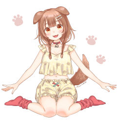 Rule 34 | 1girl, absurdres, animal ears, blush, braid, breasts, brown eyes, brown hair, cleavage, collar, collarbone, dog ears, dog girl, dog tail, fang, fingernails, full body, highres, hololive, inugami korone, long hair, looking at viewer, medium breasts, mizutamako, navel, open mouth, paw print, red collar, red socks, signature, simple background, sitting, smile, socks, solo, tail, virtual youtuber, wariza, white background