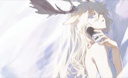 Rule 34 | 1girl, animal ears, antlers, arknights, bed sheet, blonde hair, blue eyes, bottle, breasts, chinese commentary, commentary request, deer antlers, deer girl, eyelashes, from side, grey background, hair between eyes, hand up, highres, holding, holding bottle, horns, implied nudity, light rays, long hair, looking at viewer, looking to the side, medium breasts, mole, mole on arm, naked sheet, nude, pale color, parted lips, perfume bottle, shade, sideways glance, solo, spotlight, standing, two-tone background, upper body, viviana (arknights), wavy hair, weibo 3818965050, white background
