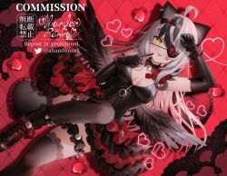 Rule 34 | 1girl, abandon ranka, ahoge, animal ears, arm up, artist name, black dress, black footwear, black gloves, black hair, black thighhighs, breasts, commentary request, commission, dress, dutch angle, elbow gloves, english text, eyepatch, flower, frills, gloves, gradient hair, grey hair, heart, heart eyepatch, knee up, layered dress, long hair, looking at viewer, lying, medium breasts, multicolored hair, on back, original, pink hair, pleated dress, red flower, red rose, rose, shoes, signature, skeb commission, solo, thighhighs, twitter username, two-tone hair, very long hair, yellow eyes