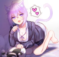 Rule 34 | 1girl, :3, ahoge, all fours, animal ear fluff, animal ears, bare legs, barefoot, black jacket, breasts, button gap, cat ears, cat girl, cat tail, cleavage, closed mouth, collarbone, collared shirt, colored inner hair, downblouse, dress shirt, fang, food, full body, heart, highres, hololive, jacket, large breasts, long sleeves, looking at viewer, multicolored hair, neck ribbon, nekomata okayu, nekomata okayu (oversized shirt), no bra, no pants, onigiri, onigirya (nekomata okayu), open clothes, open jacket, partially unbuttoned, paw pose, purple eyes, purple hair, purple ribbon, ribbon, shirt, short hair, simple background, sleeves past wrists, smile, solo, spoken heart, tail, virtual youtuber, white background, white shirt, yaoto