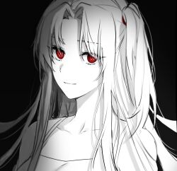 Rule 34 | 1girl, angela (project moon), ap5ry, bare shoulders, closed mouth, collared shirt, dress, greyscale, highres, library of ruina, lobotomy corporation, long hair, monochrome, one side up, parted bangs, project moon, red eyes, shirt, sidelocks, simple background, sleeveless, sleeveless dress, smile, solo, spaghetti strap, spot color, upper body, very long hair