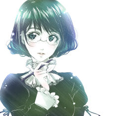 Rule 34 | 1girl, akira (me-hikari), dress, frills, glasses, holding, lips, looking away, monochrome, original, parted lips, pen, puffy sleeves, short hair, simple background, solo, spot color