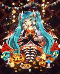 Rule 34 | 1girl, aqua eyes, aqua hair, bad id, bad pixiv id, bat (animal), bat wing, beamed quavers, book, candle, candy, cupcake, dangmill, food, garter straps, hair ornament, hairclip, halloween, hatsune miku, highres, jack-o&#039;-lantern, long hair, musical note, open mouth, quaver, skirt, solo, star (symbol), striped clothes, striped thighhighs, thighhighs, twintails, very long hair, vocaloid