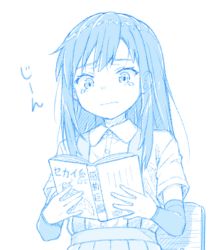 Rule 34 | 1girl, :|, arm warmers, asashio (kancolle), blue theme, book, closed mouth, commentary request, dress shirt, gotou hisashi, kantai collection, long hair, monochrome, reading, school uniform, shirt, short sleeves, skirt, solo, suspender skirt, suspenders