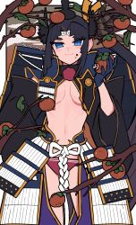 Rule 34 | 1girl, absurdres, armor, black hair, blue eyes, blue sky, breast curtains, breasts, closed mouth, detached sleeves, eating, fate/grand order, fate (series), feather hair ornament, feathers, food, fruit, gloves, hacco mayu, hair bun, hair ornament, hat, highres, japanese armor, long hair, looking at viewer, medium breasts, navel, panties, parted bangs, persimmon, red panties, side ponytail, sidelocks, single side bun, sky, smile, solo, underwear, ushiwakamaru (fate), very long hair, wide sleeves
