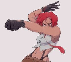 Rule 34 | 1girl, box, gloves, green pants, mature female, navel, pants, red eyes, red hair, snk, solo, suspenders, the king of fighters, vanessa (kof)
