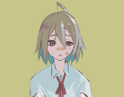 Rule 34 | 1girl, absurdres, ahoge, bandaid, bandaid on cheek, bandaid on face, bandaid on nose, blue hair, blush, brown background, brown eyes, brown hair, collared shirt, commentary request, do it yourself!!, highres, looking at viewer, multicolored hair, neck ribbon, parted lips, red ribbon, ribbon, shirt, short sleeves, simple background, solo, sweat, tsurara eeri, two-tone hair, upper body, white shirt, yua serufu