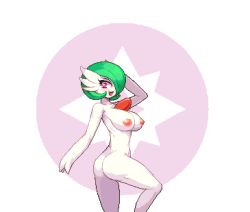 Rule 34 | 1girl, ass, breasts, completely nude, creatures (company), female focus, game freak, gardevoir, gen 3 pokemon, green hair, hair over one eye, huge breasts, looking at viewer, monster girl, nintendo, nipples, noscium, nude, open mouth, pixel art, pokemon, pokemon (creature), red eyes, smile, solo