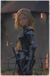 Rule 34 | 1girl, absurdres, armor, bingwei huang, blonde hair, blue eyes, breasts, fantasy, female knight, from side, highres, knight, long hair, looking at viewer, medium breasts, original, parted lips, photo-referenced, plate armor, sheath, sheathed, smile, solo, sword, weapon