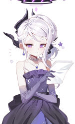 Rule 34 | 1girl, absurdres, black horns, blue archive, blush, closed mouth, collarbone, commentary, demon horns, dress, elbow gloves, gloves, halo, highres, hina (blue archive), hina (dress) (blue archive), holding, holding paper, horns, jewelry, long hair, looking at viewer, multiple horns, necklace, official alternate costume, paper, pendant, purple dress, purple eyes, purple gloves, seizou hidzuke, simple background, solo, strapless, strapless dress, white background, white hair