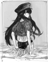 Rule 34 | absurdres, adjusting clothes, bikini, black bikini, black hair, black hat, crest, family crest, fate/grand order, fate (series), greyscale, hat, highres, koha-ace, long hair, looking back, military hat, monochrome, oda nobunaga (fate), oda nobunaga (koha-ace), oda nobunaga (swimsuit berserker) (fate), oda uri, peaked cap, shadlow, shirt, solo, standing, swimsuit, t-shirt, wading, water