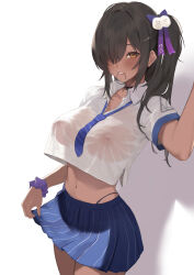 Rule 34 | 1girl, arm up, black panties, blue necktie, blue skirt, bow, breasts, brown eyes, brown hair, clothes lift, collared shirt, covered erect nipples, cropped shirt, dark-skinned female, dark skin, dera self, goddess of victory: nikke, hair bow, hair over one eye, hair tie in mouth, highleg, highleg panties, highres, large breasts, lifting own clothes, long hair, looking at viewer, loose necktie, mouth hold, naga (nikke), navel, necktie, panties, panty peek, parted lips, pleated skirt, scrunchie, see-through, see-through shirt, shadow, shirt, shirt overhang, short sleeves, side ponytail, skirt, skirt lift, smile, solo, striped necktie, underwear, white background, white shirt, wrist scrunchie