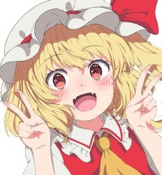 1girl ascot blonde_hair blush collar collared_shirt commentary_request double_v fangs flandre_scarlet frilled_collar frills hat hat_ribbon looking_at_viewer mob_cap one_side_up open_mouth red_eyes red_vest ribbon setsugetsuka436 shirt side_ponytail skin_fangs smile solo touhou v vest white_hat white_shirt yellow_ascot