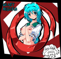 Rule 34 | 2girls, angry, blue eyes, blue hair, blush, breasts, clothes lift, eternal melody, hassaku (rapidangel), large breasts, looking at viewer, lowres, multiple girls, navel, nipples, open mouth, red background, ribbon, shirt, shirt lift, short hair, short sleeves, smile, standing, teeth, two-tone background, upper body, wendy miseria, white background, white shirt