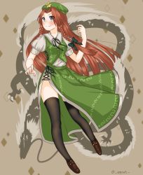 Rule 34 | 1girl, beret, black bow, black thighhighs, blue eyes, bow, braid, chinese clothes, dragon, egret, hair bow, hat, highres, hong meiling, long hair, mob cap, puffy short sleeves, puffy sleeves, red hair, shoes, short sleeves, side braid, smile, solo, star (symbol), thighhighs, touhou, twin braids, zettai ryouiki