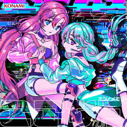 Rule 34 | 2girls, album cover, bare shoulders, blue choker, blue eyes, blue hair, blue shorts, boots, braid, breasts, choker, closed mouth, commentary request, cover, crop top, highres, hinabita, holding hands, hood, hood down, hooded jacket, jacket, knee pads, konami, logo, long hair, long sleeves, looking at viewer, midriff, multiple girls, narume, off shoulder, open clothes, open jacket, parted lips, pink eyes, pink hair, pixel art, see-through, see-through jacket, shinonome kokona, shinonome natsuhi, shorts, single braid, small breasts, twintails, very long hair, white footwear, white shorts