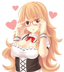 Rule 34 | 1girl, adjusting eyewear, bespectacled, blonde hair, breasts, brown eyes, cleavage, detached collar, dirndl, female focus, german clothes, glasses, heart, highres, kirisame marisa, large breasts, long hair, looking at viewer, mizunashi kenichi, open mouth, parted lips, shiny skin, shirt, taut clothes, taut shirt, touhou, traditional clothes, upper body, wristband