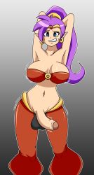 Rule 34 | 1girl, armpits, arms behind head, arms up, blue eyes, breasts, bulge, clothes, diabolussex, ear piercing, embarrassed, female focus, futanari, gradient background, highres, large breasts, large penis, long hair, newhalf, penis, penis out, piercing, pointy ears, ponytail, purple hair, shantae, shantae (series), solo, testicles, uncensored