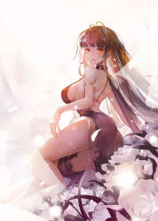 Rule 34 | 1girl, ahoge, armlet, bare shoulders, black dress, blunt bangs, breasts, brown hair, dress, dsr-50 (girls&#039; frontline), dsr-50 (highest bid) (girls&#039; frontline), earrings, evening gown, feet out of frame, flower, girls&#039; frontline, gold, gown, highres, ito1151, jewelry, k m (4b km), large breasts, long hair, looking at viewer, official alternate costume, open mouth, red eyes, sidelocks, single earring, smile, solo, thighs, torn clothes, very long hair, white background