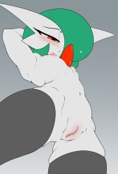 Rule 34 | 1girl, absurdres, arm behind head, arm up, armpits, black thighhighs, blush, bob cut, clitoral hood, colored skin, cowboy shot, creatures (company), female focus, fir3born, flat chest, flat color, from below, game freak, gardevoir, gen 3 pokemon, gradient background, green hair, grey background, hair over one eye, half-closed eyes, highres, looking down, navel, nintendo, nipples, nude, one eye covered, parted lips, pokemon, pokemon (creature), pussy, pussy juice, red eyes, short hair, simple background, skindentation, solo, standing, stomach, teeth, thick thighs, thighhighs, thighs, uncensored, white skin