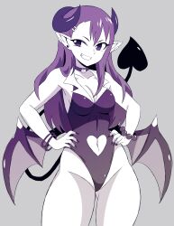 Rule 34 | 1girl, absurdres, abysswatchers, asymmetrical bangs, bare legs, bare shoulders, breasts, cleavage, clothing cutout, collar, collarbone, curvy, demon girl, demon horns, demon tail, demon wings, earclip, earrings, fang, greyscale, grin, hands on own hips, heart cutout, highleg, highleg leotard, highres, horns, ijiranaide nagatoro-san, jewelry, leotard, long hair, low wings, medium breasts, monochrome, nagatoro hayase, navel, navel cutout, pointy ears, purple collar, smile, solo, tail, tan, tanline, wide hips, wings, wristband