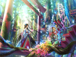 Rule 34 | 1girl, architecture, black hair, blue eyes, bug, building, butterfly, chinese lantern (plant), colorful, east asian architecture, female focus, flower, forest, fuzichoco, hair flower, hair ornament, hair tubes, hakama, hakama skirt, highres, holding, holding flower, insect, japanese clothes, kimono, leaf, light particles, long hair, long sleeves, lotus, miko, moss, nature, ofuda, original, scenery, see-through, skirt, solo, stairs, straight hair, sunlight, tiara, torii, traditional clothes, tree, wide sleeves, wisteria