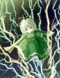 Rule 34 | 1girl, arms at sides, dress, electricity, ghost, ghost tail, green dress, green hair, hat, lightning, no nose, open mouth, outstretched arms, philosophizer, short hair, smile, soga no tojiko, solo, sparks, spread arms, tate eboshi, teeth, touhou, yellow eyes